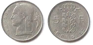 Бельгия, 5 франков, 1950 год.