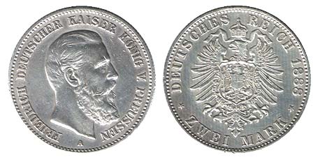Монета 2 марки, Пруссия, серебро, 1888 год