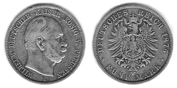Монета 5 марок. Греманская Империя. 1876 г. Серебро