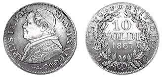 Монета 10 сольдо, Ватикан 1867 г., Папа Пий IX, серебро