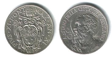 Монета 20 чентезимо, 1932 год, Ватикан