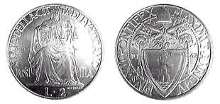 Монета 2 лиры, Ваниткан, 1942 г., Папа Пий XII, аллюминий