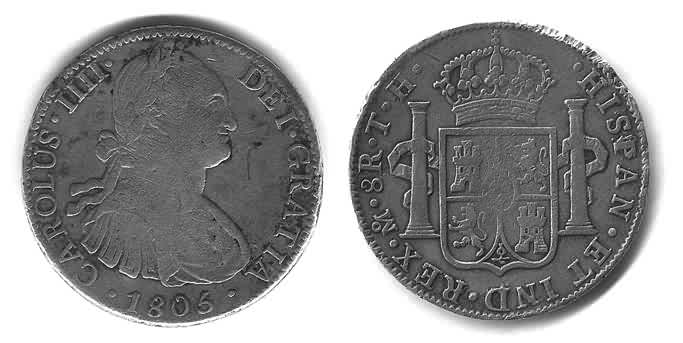 Испанская колониальная монета 8 реалов, отчеканеная в Мексике в 1806 году. Серебро.